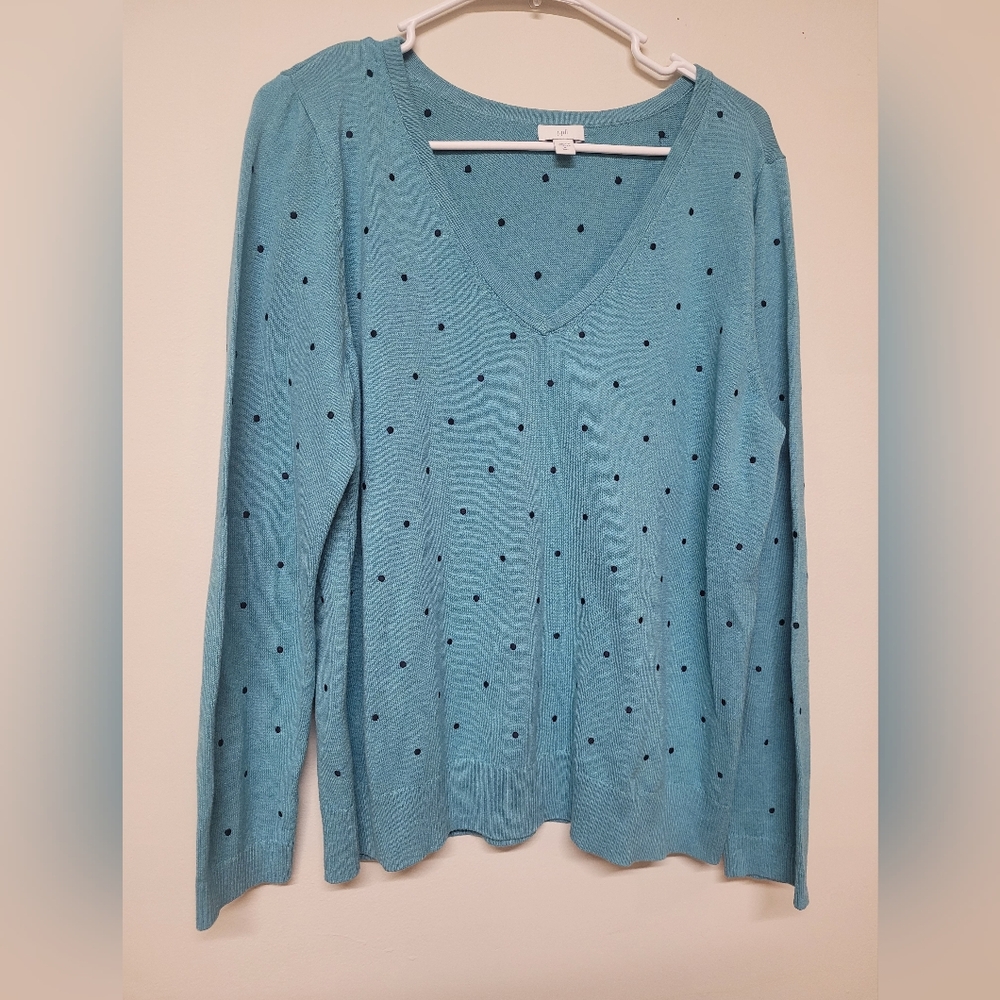 j.jill Teal V-Neck Sweater with Polka Dots